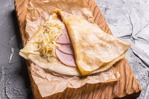 French crepe pancakes stuffed ham and cheese