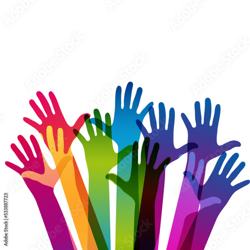 Hands on a light background. Colorful silhouettes arms.  Vector team, help, friendship symbol illustration.