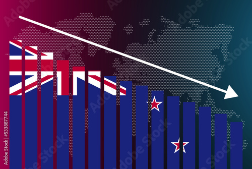 New Zealand bar chart graph, decreasing values, crisis and downgrade concept, news banner idea, fail and decrease
