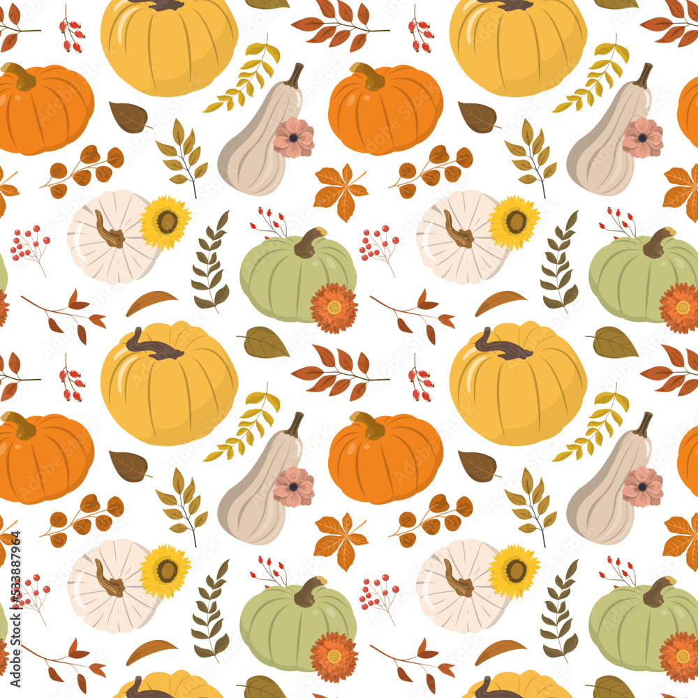 Autumn floral seamless background with orange, beige, yellow pumpkins, forest leaves, and red berries. Isolated on white background. Autumn harvest illustration. Thanksgiving wallpaper.