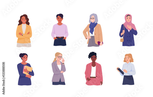 Business ladies avatars collection. Vector illustration in flat cartoon style of business women of different ages and races in suits and with accessories of office employees. Isolated on white