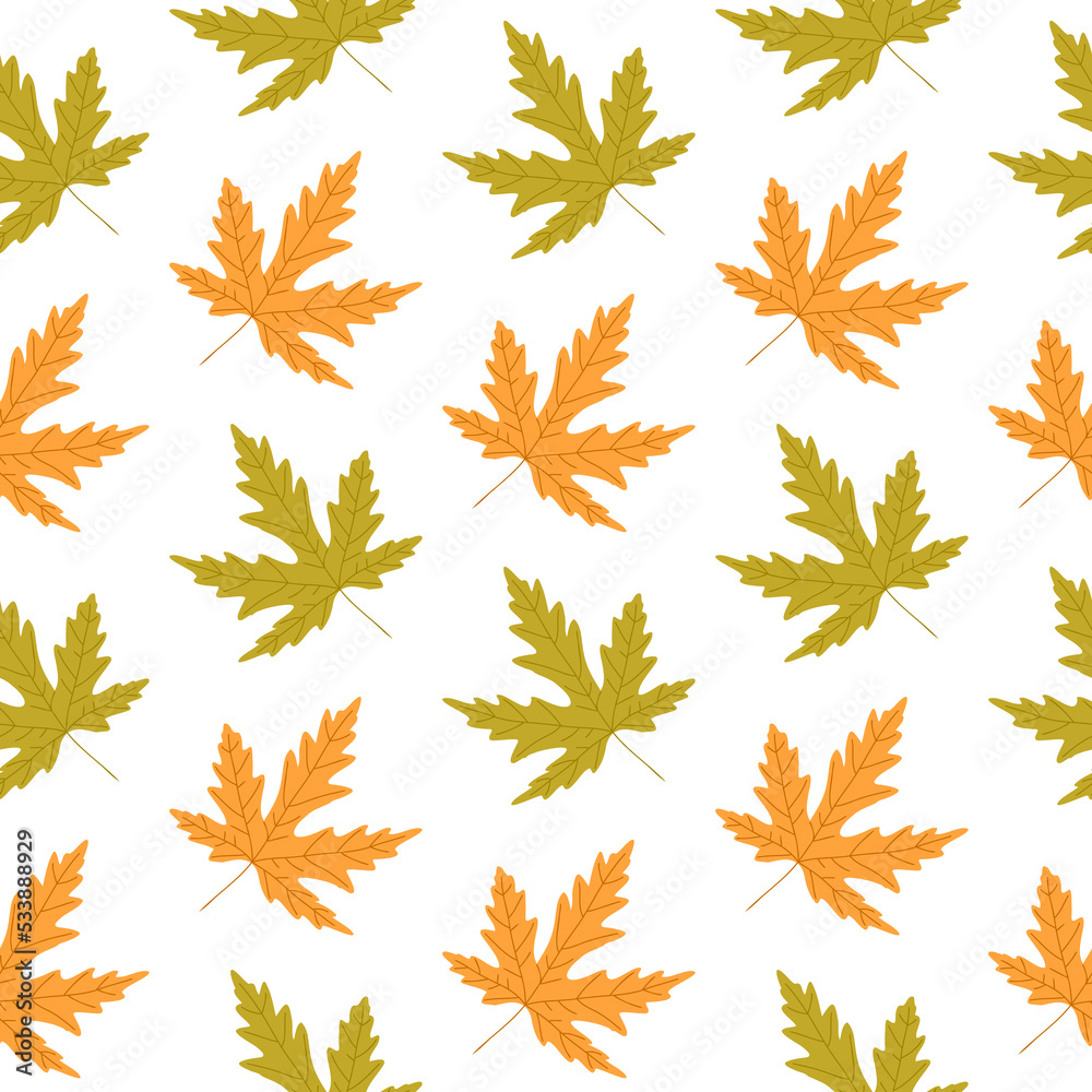 Norway maple tree leaves autumn seamless pattern on white background. Simple cute kids yellow green falling foliage template. Norway maple tree leaves autumn seamless pattern on white background. Simple cute kids yellow green falling foliage template.