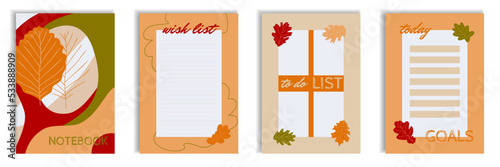 Autumn leaves decorated cover wish to do goals list templates. Lined pages, notes, labels with elm oak falling foliage. For notebooks, planners, brochures, schedule, checlists.