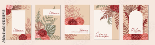 Set of autumn vertical background with modern floral elements. Hand drawn botanical vector illustration. Space for text
