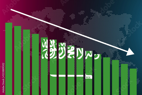 Saudi Arabia bar chart graph, decreasing values, crisis and downgrade concept, news banner idea, fail and decrease