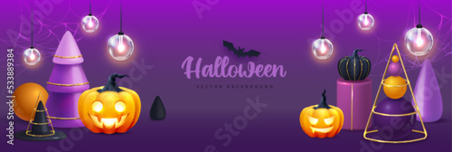 Halloween holiday background with realistic 3D halloween pumpkins. Vector illustration