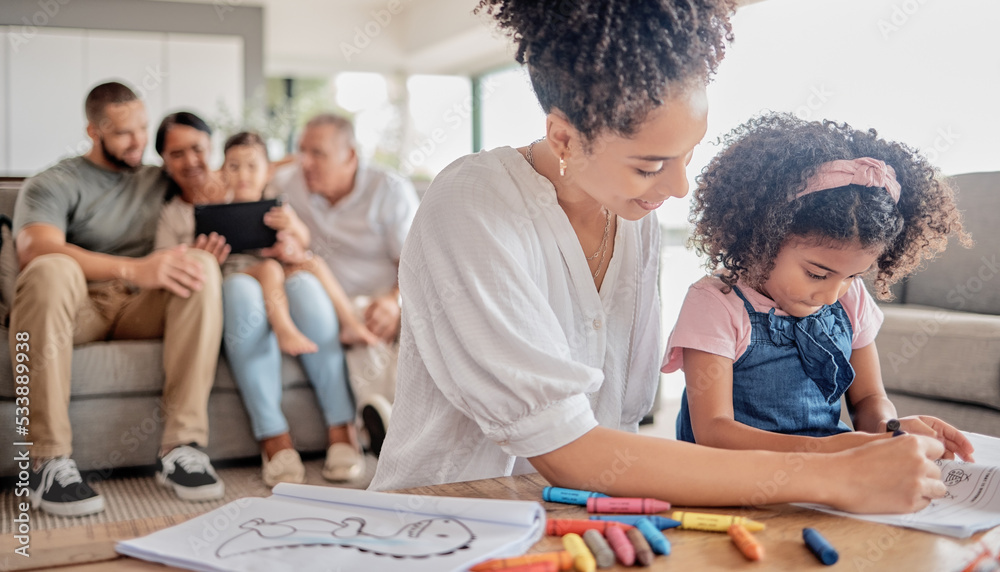 Mother helping child drawing with family, teaching and home education for knowledge or creativity development. Black woman mom and kindergarten girl kid with color crayons and book activity together Mother helping child drawing with family, teaching and home education for knowledge or creativity development. Black woman mom and kindergarten girl kid with color crayons and book activity together