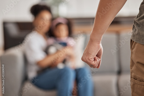 Print op canvas Man, fist and domestic abuse of family, woman and child on home or house living room sofa