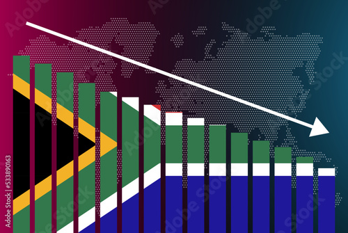 South Africa bar chart graph, decreasing values, crisis and downgrade concept, news banner idea, fail and decrease