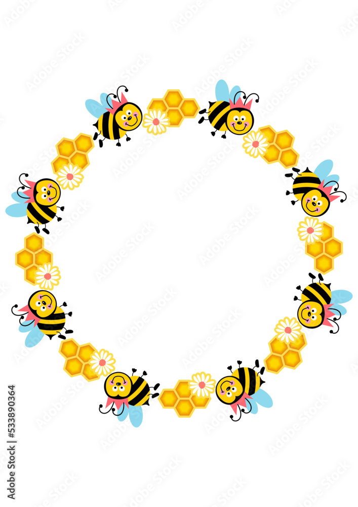 Empty round frame with bee and honeycomb Empty round frame with bee and honeycomb