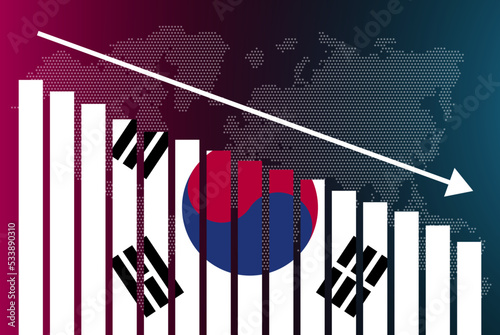 South Korea bar chart graph, decreasing values, crisis and downgrade concept, news banner idea, fail and decrease