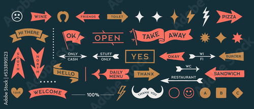 Arrow set icons. Colorful collection vintage sign, symbols and graphic elements. Flat arrow set for decorative design. Hand-drawn graphics, drawing sign. Modern simple arrows. Vector Illustration