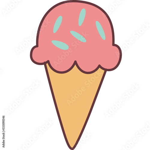 ice cream cone doodle cute beautiful cartoon icon. sprinkles are toppings.