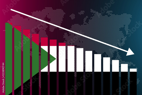 Sudan bar chart graph, decreasing values, crisis and downgrade concept, news banner idea, fail and decrease