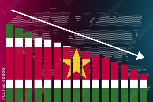 Suriname bar chart graph, decreasing values, crisis and downgrade concept, news banner idea, fail and decrease