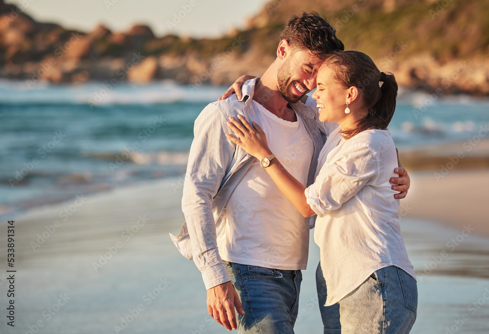 Travel, tourism and beach vacation with happy couple sharing hug, love and laughing while on holiday by the seaside. French man and woman enjoying exotic honeymoon having fun at tropical destination Travel, tourism and beach vacation with happy couple sharing hug, love and laughing while on holiday by the seaside. French man and woman enjoying exotic honeymoon having fun at tropical destination