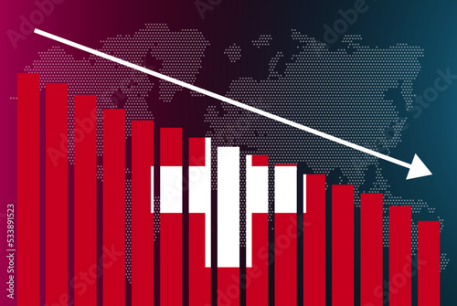 Switzerland bar chart graph, decreasing values, crisis and downgrade concept, news banner idea, fail and decrease