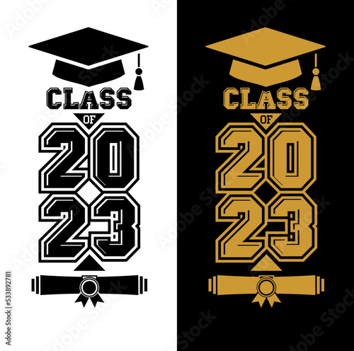 Lettering Class of 2023 for greeting card, invitation card. Text for graduation design, congratulation event, T-shirt, party, high school or college graduate. Vector on transparent and black backgroun