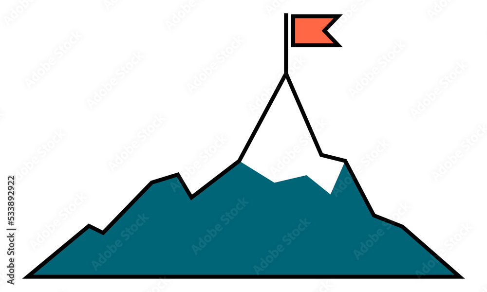 Red flag on mountain peak. Destination symbol. Goal sign Red flag on mountain peak. Destination symbol. Goal sign