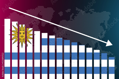 Uruguay bar chart graph, decreasing values, crisis and downgrade concept, news banner idea, fail and decrease