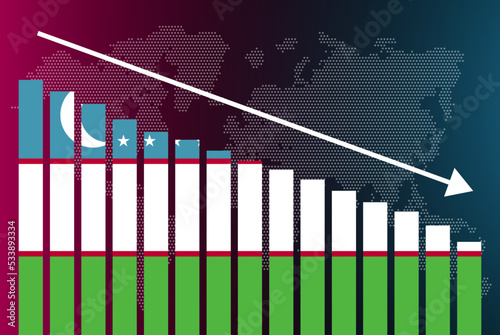 Uzbekistan bar chart graph, decreasing values, crisis and downgrade concept, news banner idea, fail and decrease