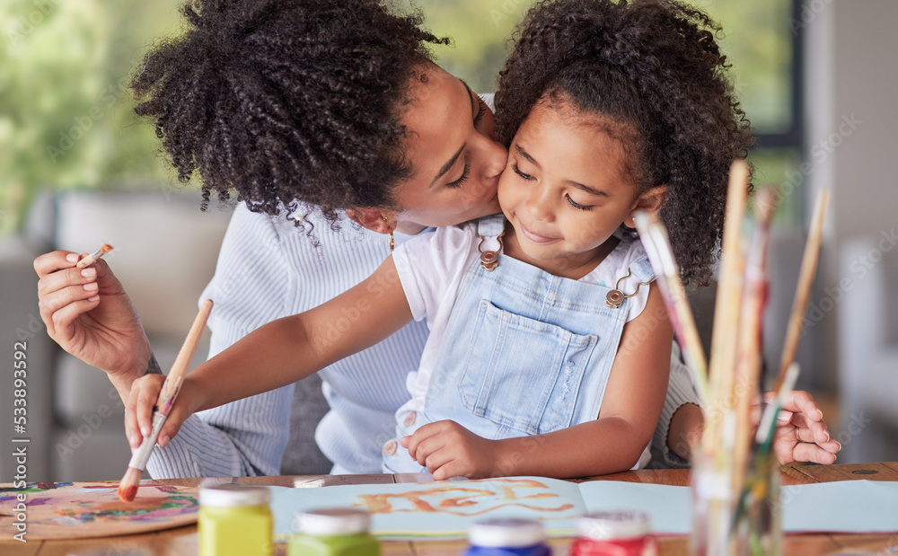 Creative, art and mother painting with her child with colorful paint, paint brush and paper. Creativity, love and care between a happy mom and girl doing a hobby or education project together at home