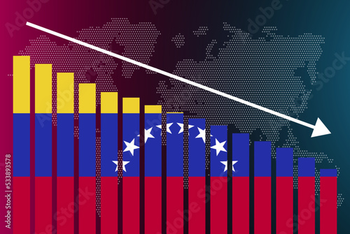 Venezuela bar chart graph, decreasing values, crisis and downgrade concept, news banner idea, fail and decrease