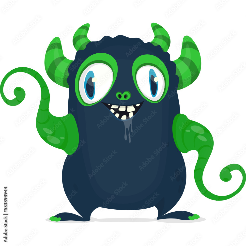 Funny cartoon monster waving hands. Halloween design. Vector illustrationof alien character Funny cartoon monster waving hands. Halloween design. Vector illustrationof alien character