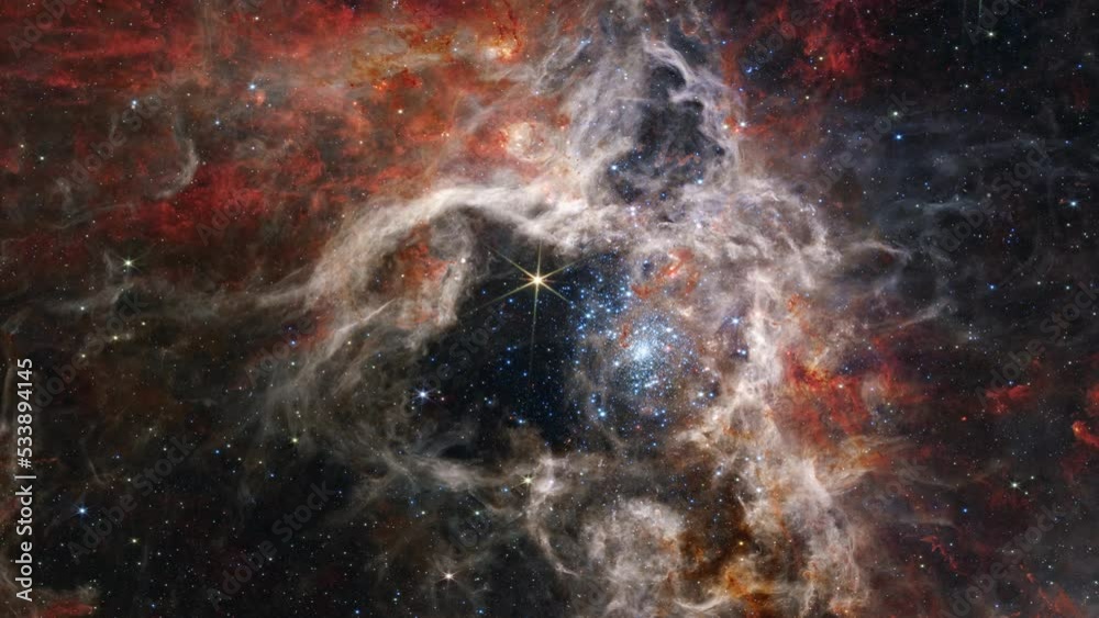 Tarantula nebula flying to center, space exploration travel in outer space, astronomy scene 4K animation. Contains elements by Nasa