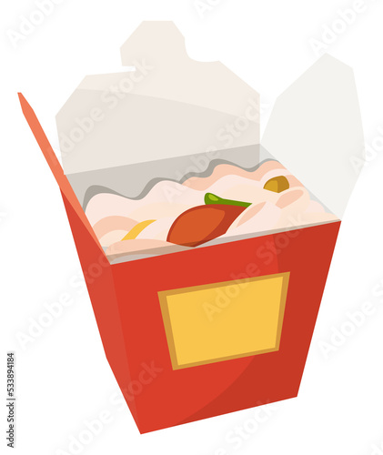 Asian fast food in red paper box. Cartoon icon
