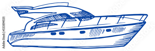 Boat sketch. Blue ink motor ship drawing photo