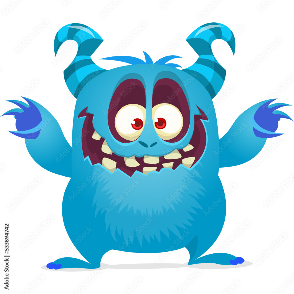 Naklejka premium Funny cartoon monster waving hands. Halloween design. Vector illustrationof alien character