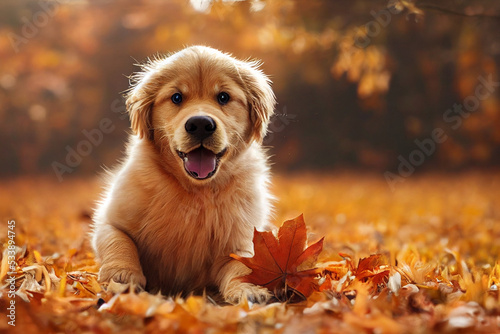 3d illustration of happy golden retriever puppy playing in autumn forest
