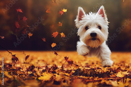 3d illustration of happy westie puppy jumping autumn forest with leaves falling photo