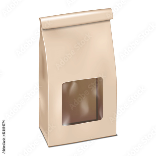 Closed tin tie paper bag with clear plastic window vector mockup. Resealable blank package for coffee, tea, snacks and other foods mock-up