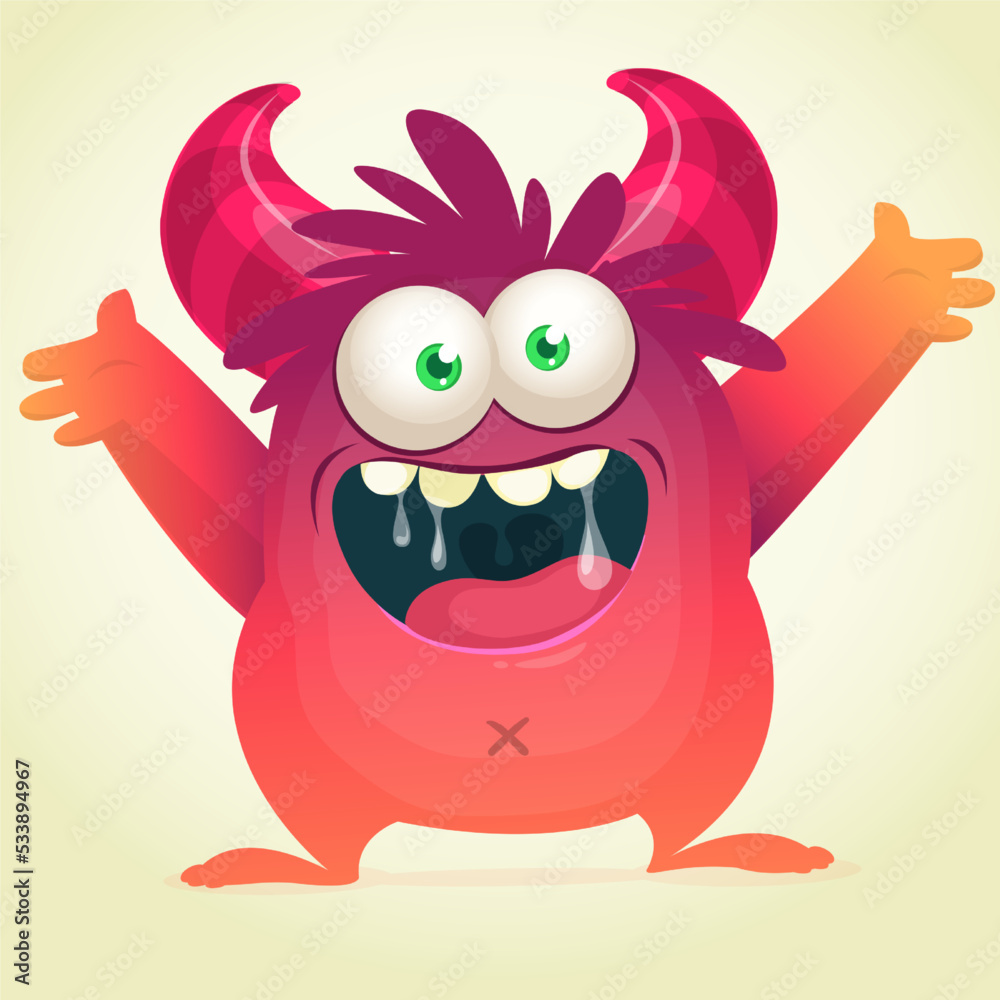 Naklejka premium Funny cartoon monster waving hands. Halloween design. Vector illustrationof alien character