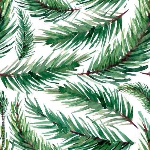 Watercolor illustration. Christmas winter seamless pattern from fir branches on nambel background. Pattern for background  fabric  paper  etc.