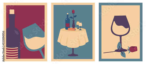 Set of vertical retro posters with restaurant table, wine, glass, flower. Valentine's day card. Vector vintage illustration for holidays, romantic dinner, party, wedding, dating, invitation