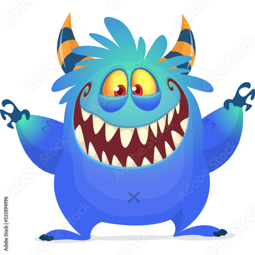 Funny cartoon monster waving hands. Halloween design. Vector illustrationof alien character