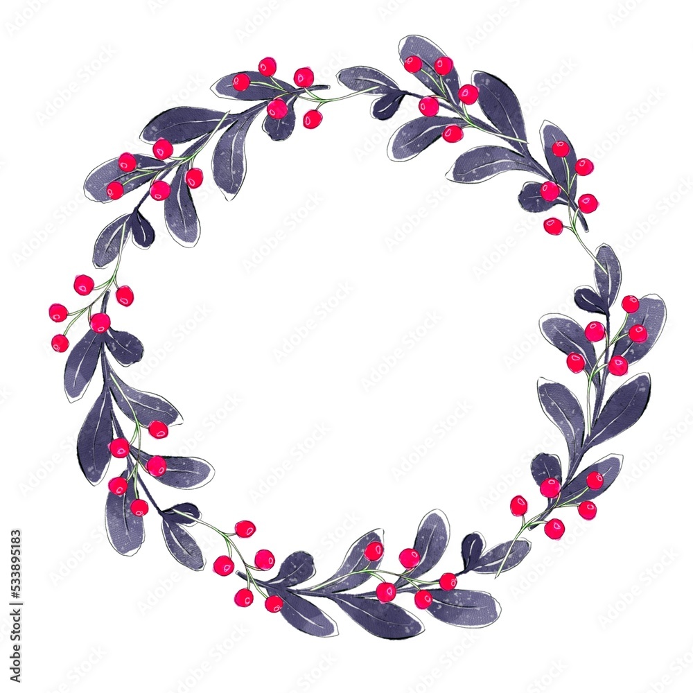 Fototapeta premium Watercolor Christmas wreath. Greenery branches, flowers and red berries. Isolated on white background