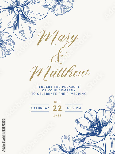 Wedding invitation in vintage engraving botanical style. Vector floral illustration.