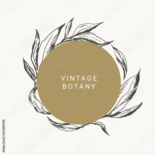Vector round frame with leaves in vintage engrave style. Black and white illustration.