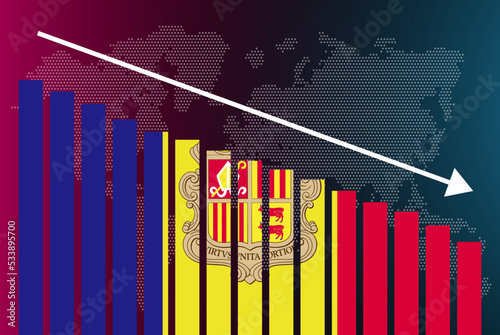 Andorra bar chart graph, decreasing values, crisis and downgrade concept, news banner idea, fail and decrease