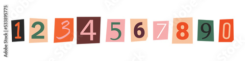 Vector ransom font in y2k style. Numbers cutouts from newspaper or magazine. Criminal character set. Retro ransom colorful text. Numbers collection.