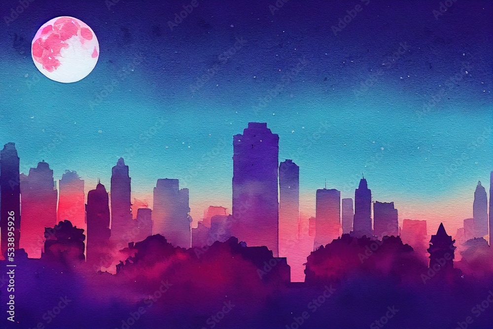 Watercolor retrowave metropolis at midnight, cyber twilight neon full moon glow behind tall skyscraper buildings and apartments. Calm peaceful blue and city light purple pink hues.