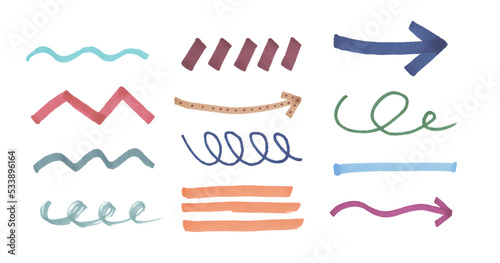 A set of graphic elements for design: wavy, straight, broken lines, arrows. For stickers, decoration, etc