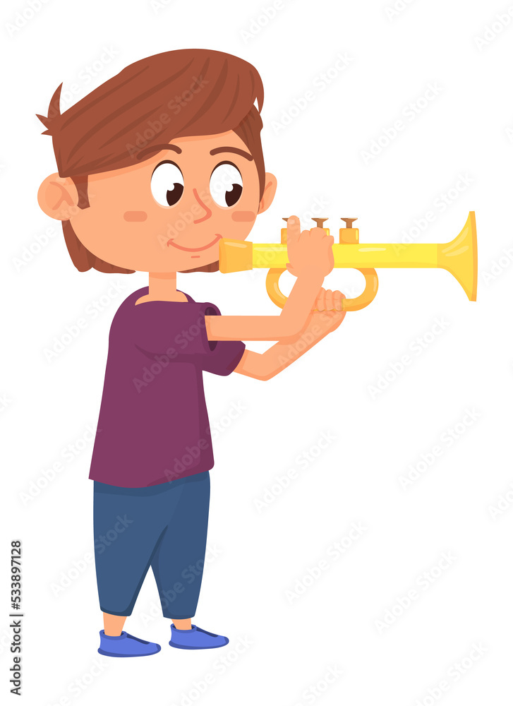 Boy playing trumpet. Kid with brass music instrument Boy playing trumpet. Kid with brass music instrument