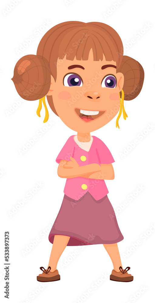 Girl standing with arm crossed. Funny cartoon kid Girl standing with arm crossed. Funny cartoon kid