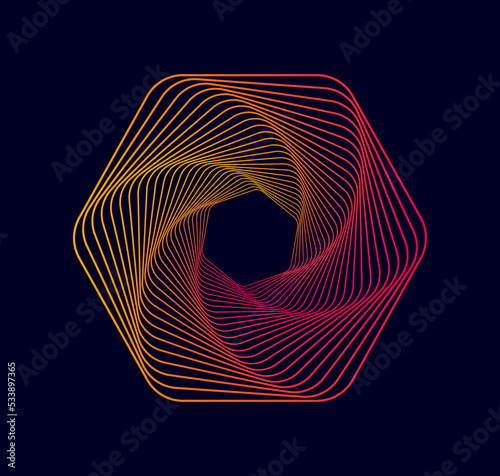 Vector abstract gradient spirals isolated on dark background. Vector illustration of sacred geometry.
 Twisted colored spirals. Spiral tunnels in the shape of a hexagon.
Wireframe  shape.
Design logo