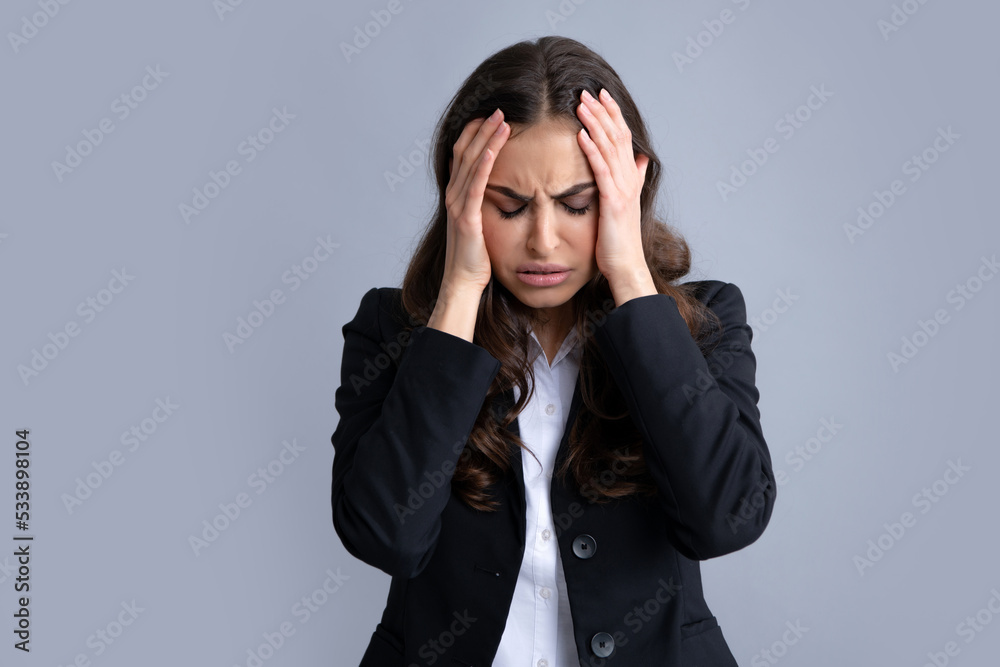 Portrait of young woman feeling stress or strain headache. Exhausted tired girl desperate and stressed because pain and migraine. Female student, young teacher. Portrait of young woman feeling stress or strain headache. Exhausted tired girl desperate and stressed because pain and migraine. Female student, young teacher.